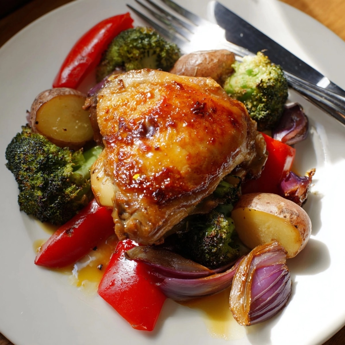 Honey Lemon Roasted Chicken Sheet Pan with golden chicken thighs and colorful roasted vegetables for dinner.