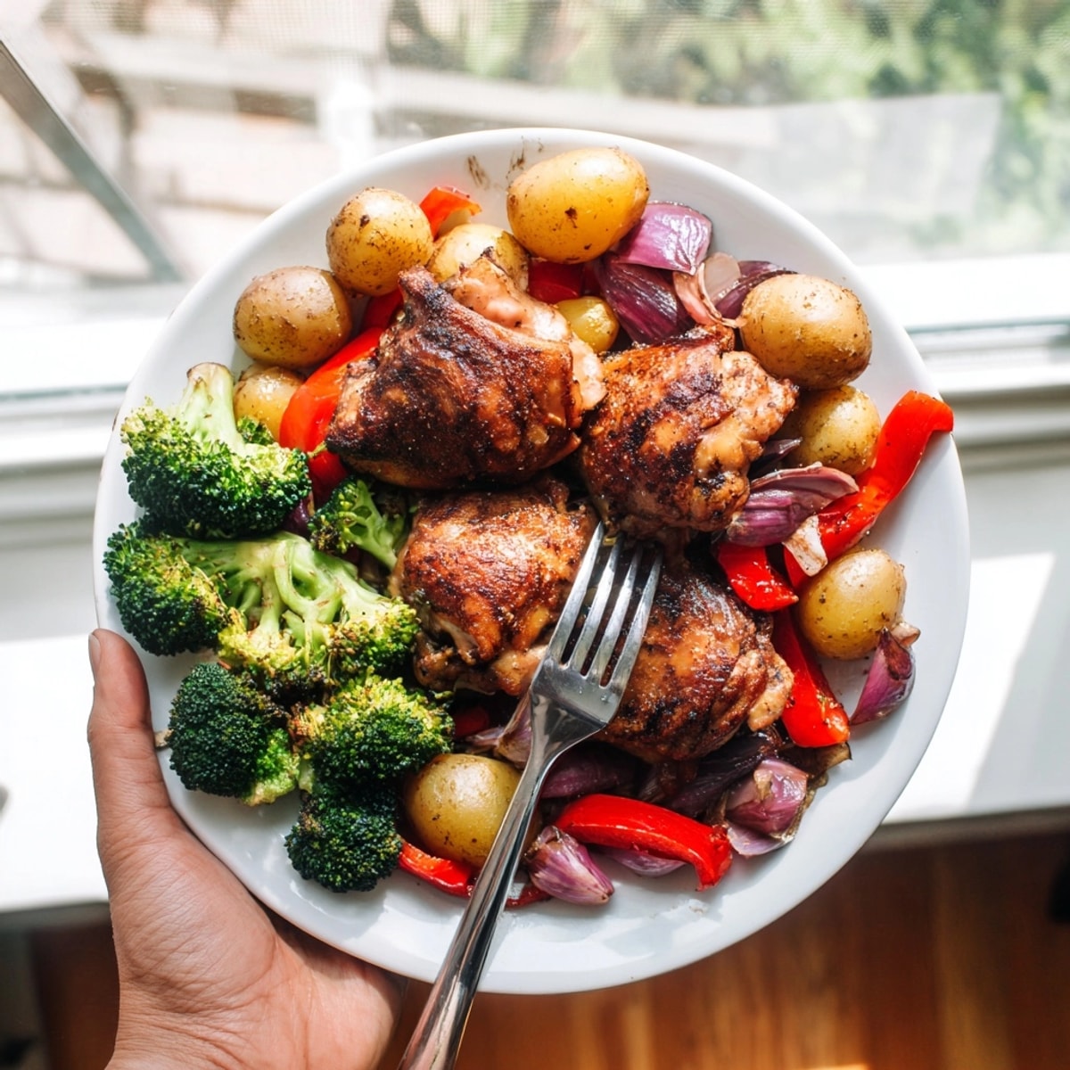 Crispy-skin Honey Lemon Roasted Chicken Sheet Pan nestled among vibrant veggies, fresh from the oven.