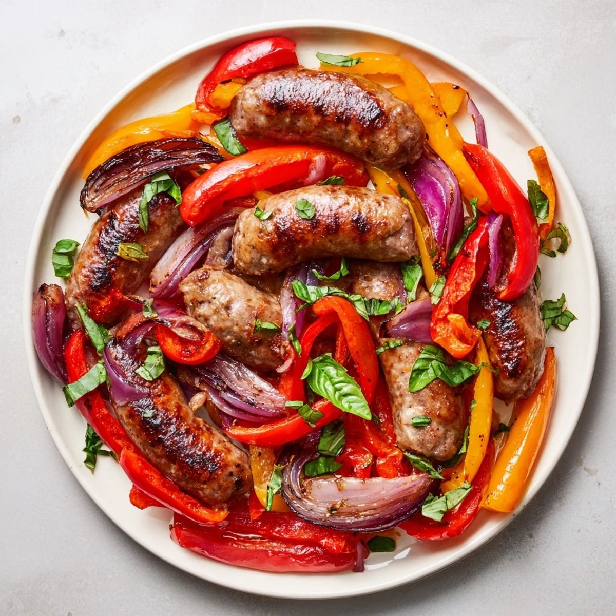 Browned Italian sausages nestled amidst caramelized vegetables in a sheet pan meal.