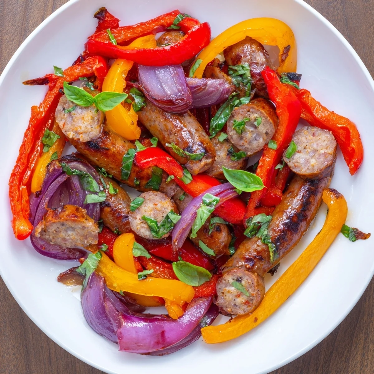 Savory Easy Sheet Pan Italian Sausage with roasted peppers and onions, ready for serving.