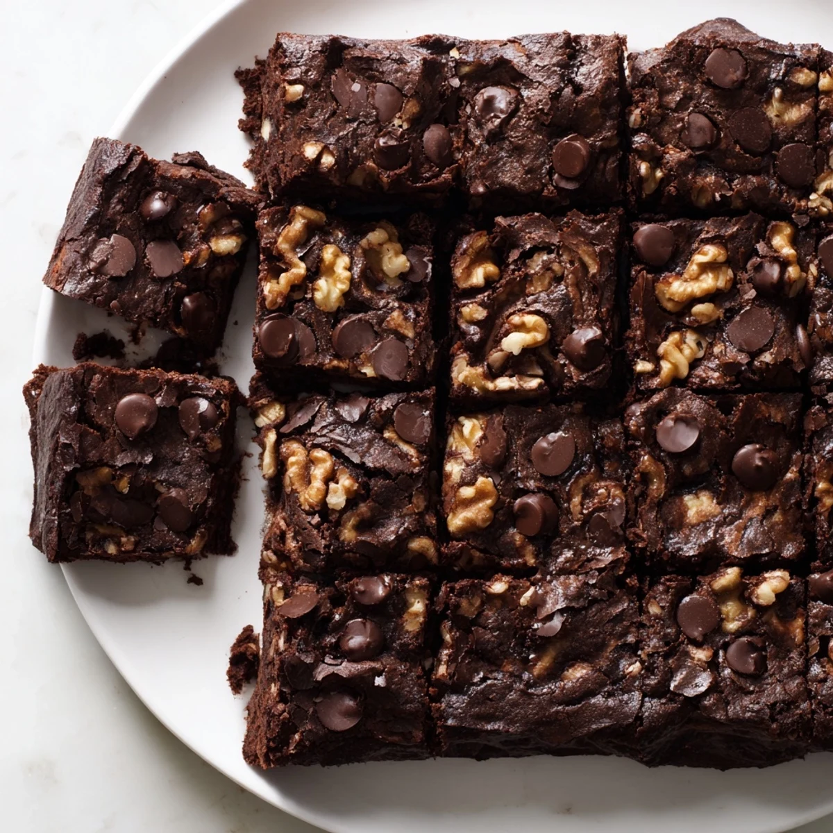 Fudgy Walnut Brownies: A close-up view of rich, chocolate brownies studded with chopped walnuts.