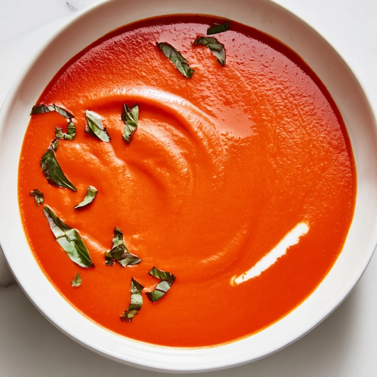A steaming bowl of comforting homemade tomato and basil soup, garnished with fresh basil.