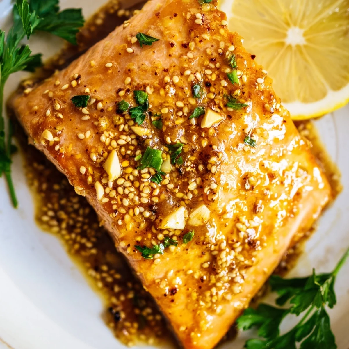 Broiled Express Supper: Honey Mustard Glazed Salmon, flaky and tender, paired with fresh parsley and lemon wedges.