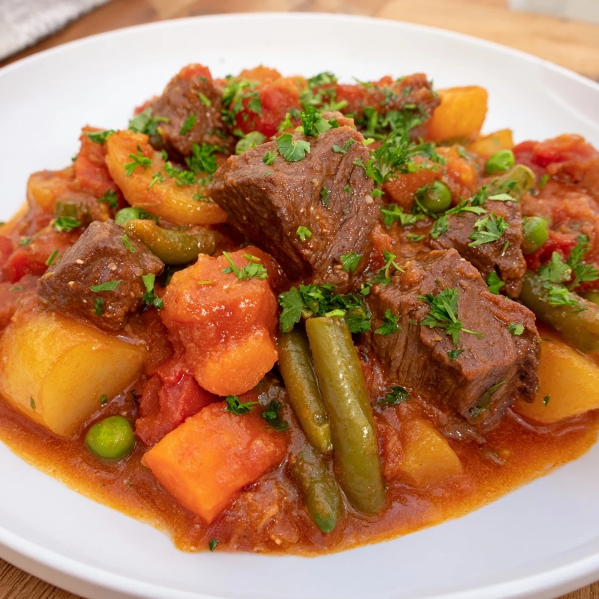 Tender chunks of beef and vegetables simmered in a rich broth make this pressure cooker beef and vegetable stew.