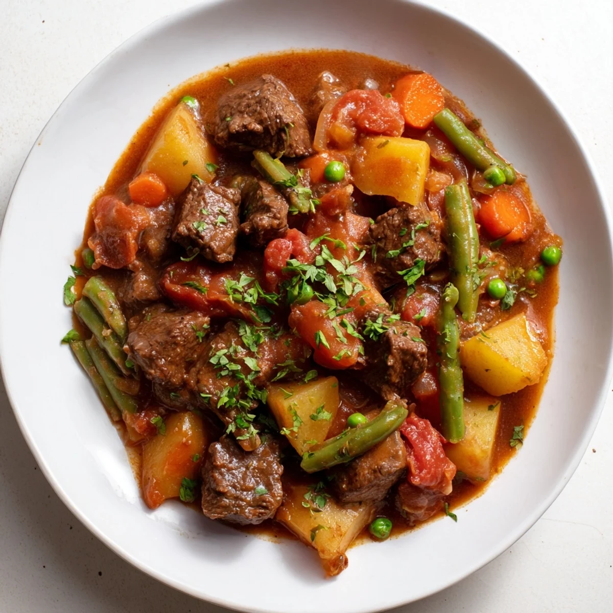 A steaming bowl of beef and vegetable stew, showcasing a vibrant mix of hearty vegetables.