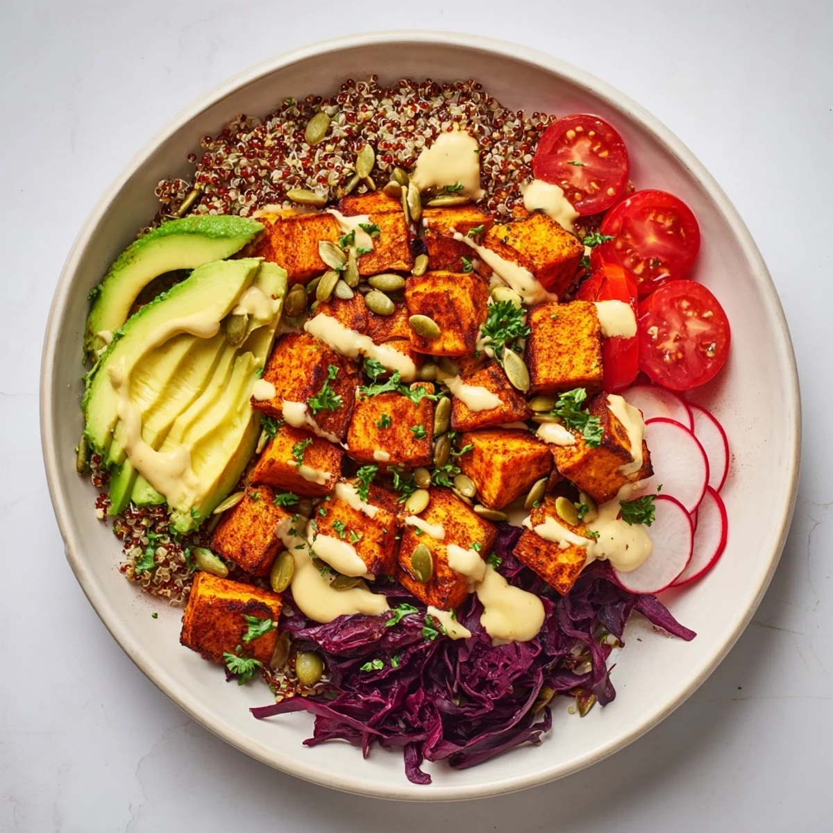 Complete Veggie Bowl brimming with roasted sweet potatoes, quinoa, tahini dressing, and fresh herbs.