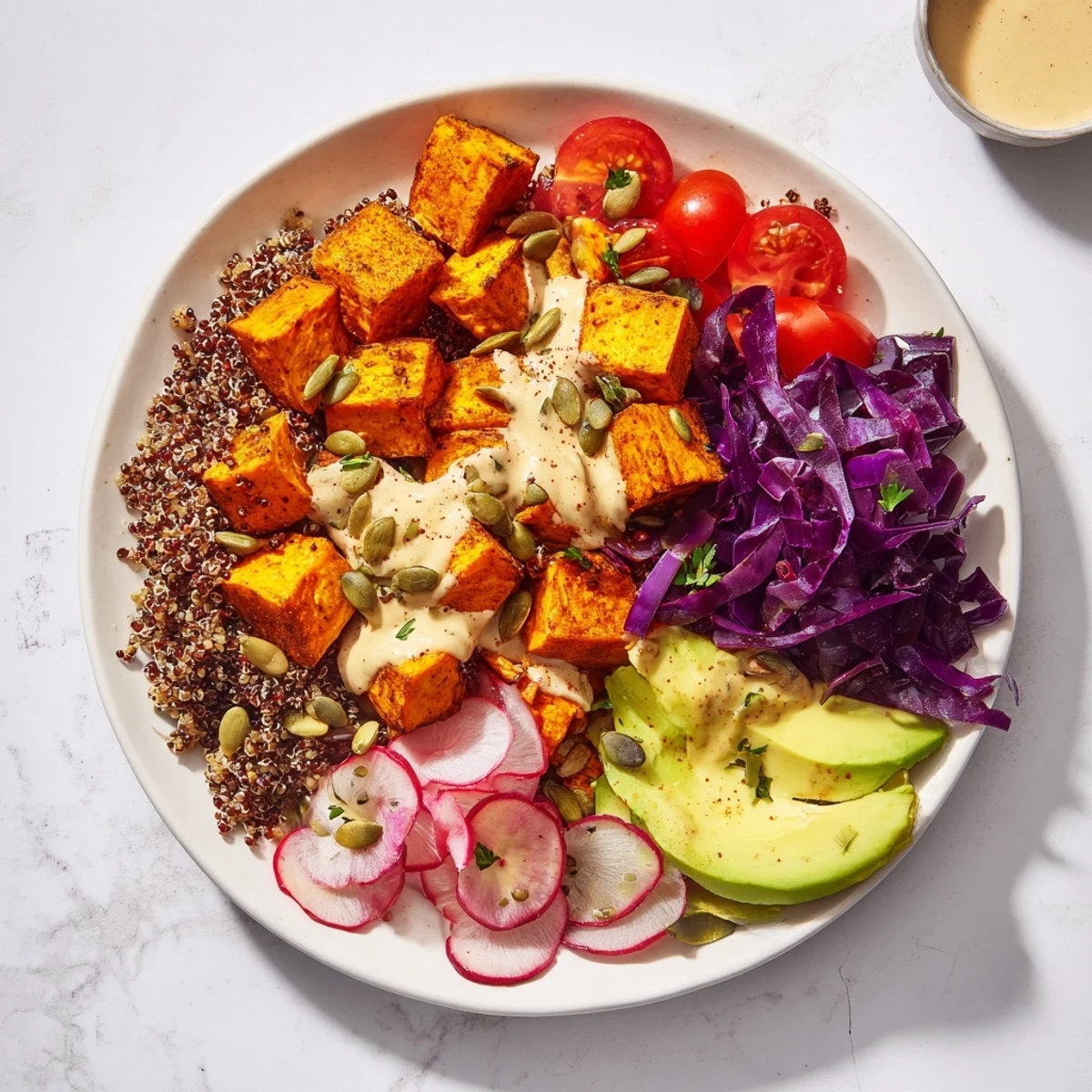 A delicious, healthy Complete Veggie Bowl: picture roasted sweet potatoes with a tahini drizzle.