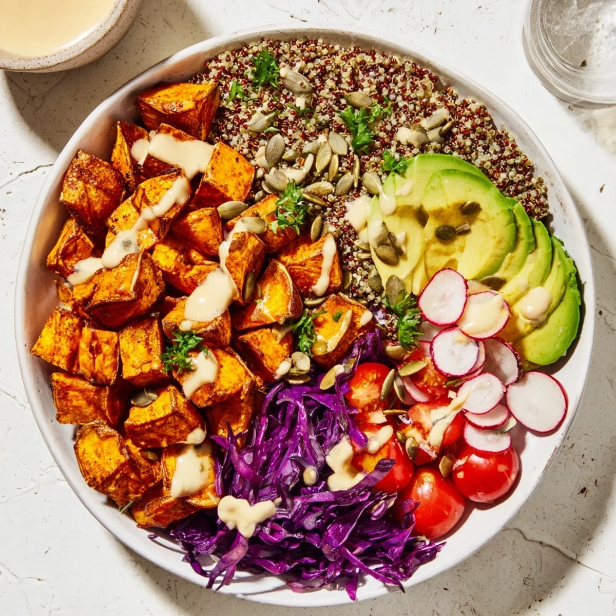 Vibrant Complete Veggie Bowl featuring fluffy quinoa, colorful veggies, and creamy tahini vinaigrette.