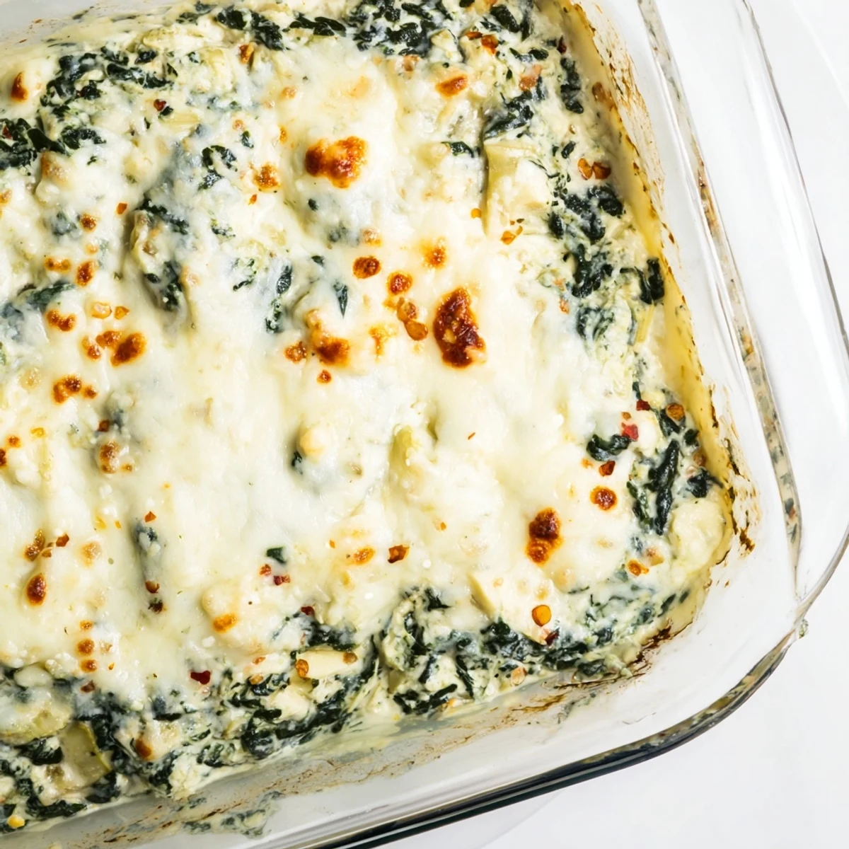 A close-up shot of a warm Spinach and Artichoke Dip, melted cheese bubbling around the spinach.
