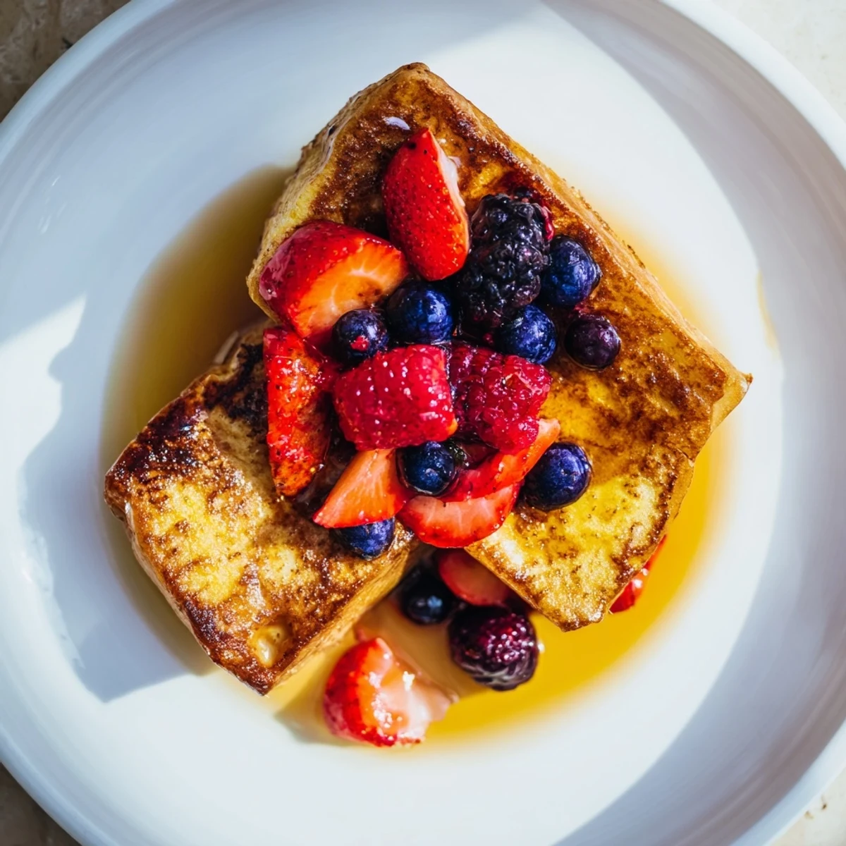 Golden brown French toast with berries, inviting you to imagine the perfect brunch with warm maple syrup.
