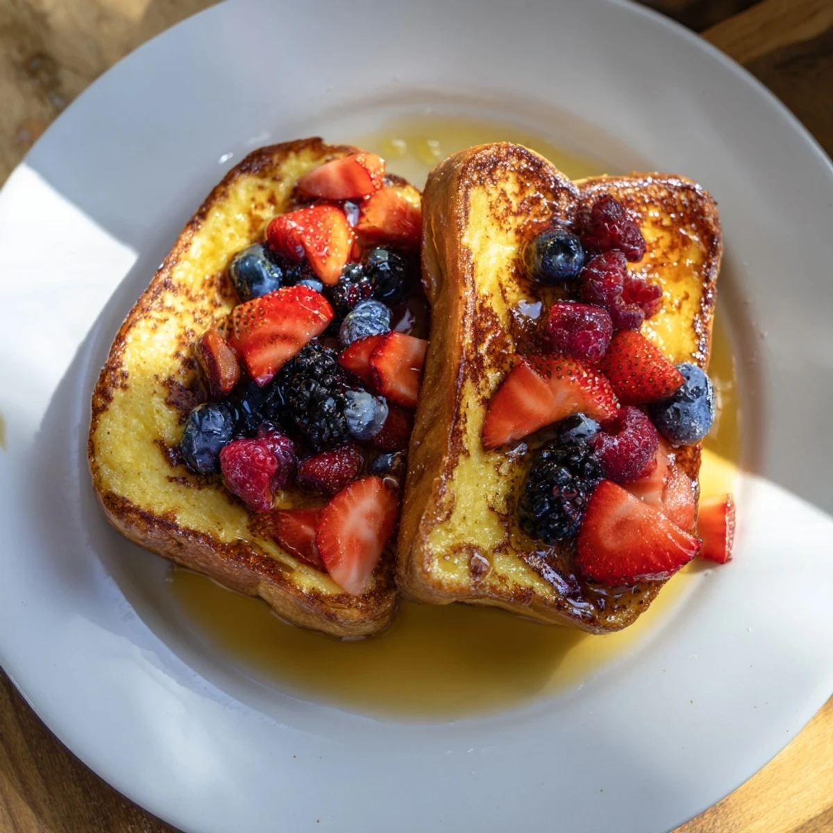 Crispy-edged French toast with a soft custard center, topped with juicy fresh berries, a sweet delight.
