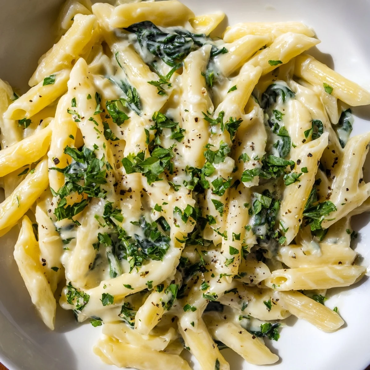 Photo of The Magic Casserole: creamy spinach pasta, bubbling hot with melted cheese and fresh parsley.