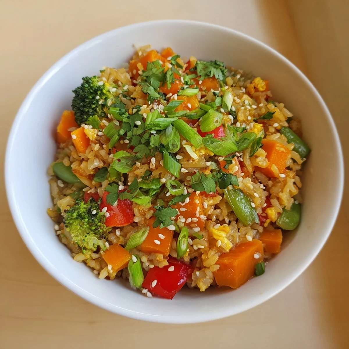 Golden, crispy Crispy Vegetable Fried Rice Bowls filled with colorful vegetables, ready to eat.