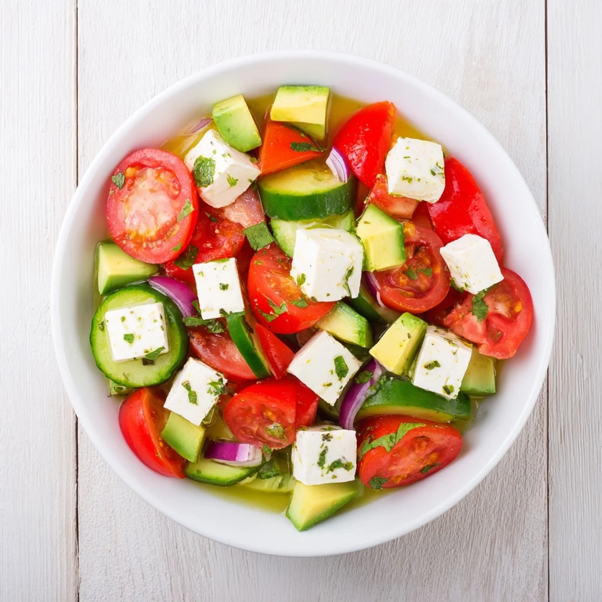 A beautiful bowl of fresh salad with feta, featuring bright tomatoes and creamy avocado.