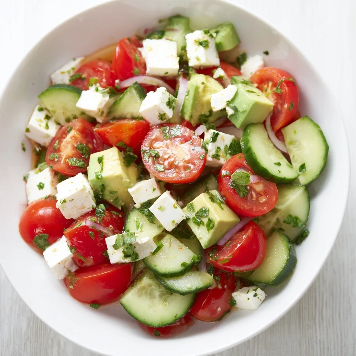 Vibrant Fresh Salad: Cucumber, Tomato, and Avocado Salad, ready to serve and enjoy.