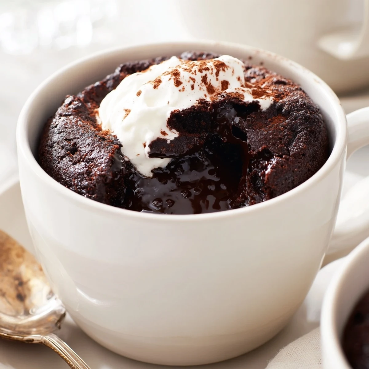 Steaming hot chocolate mug cake topped with whipped cream, ready for immediate enjoyment.