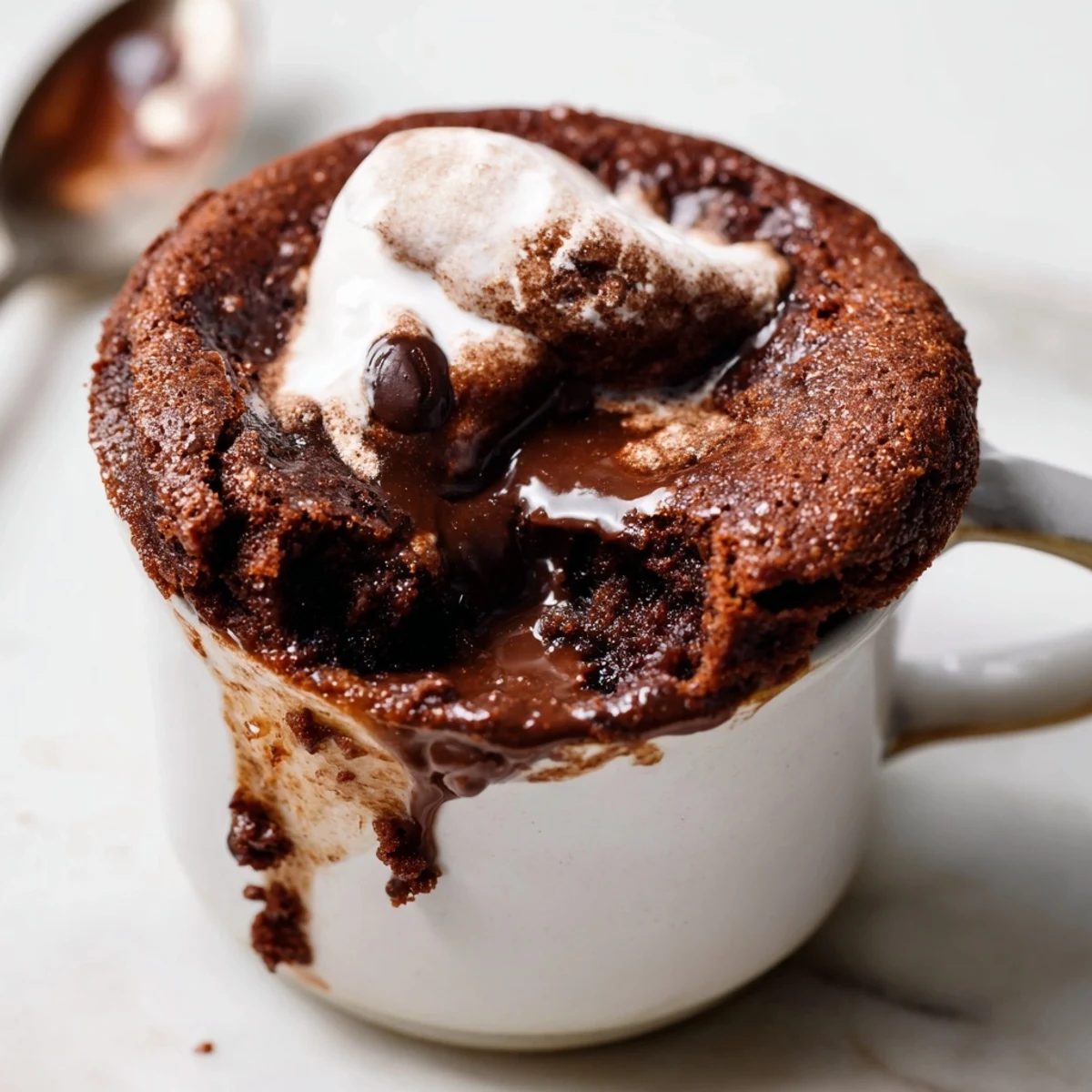 This decadent chocolate mug cake, warm and fresh, is a quick dessert craving solution.