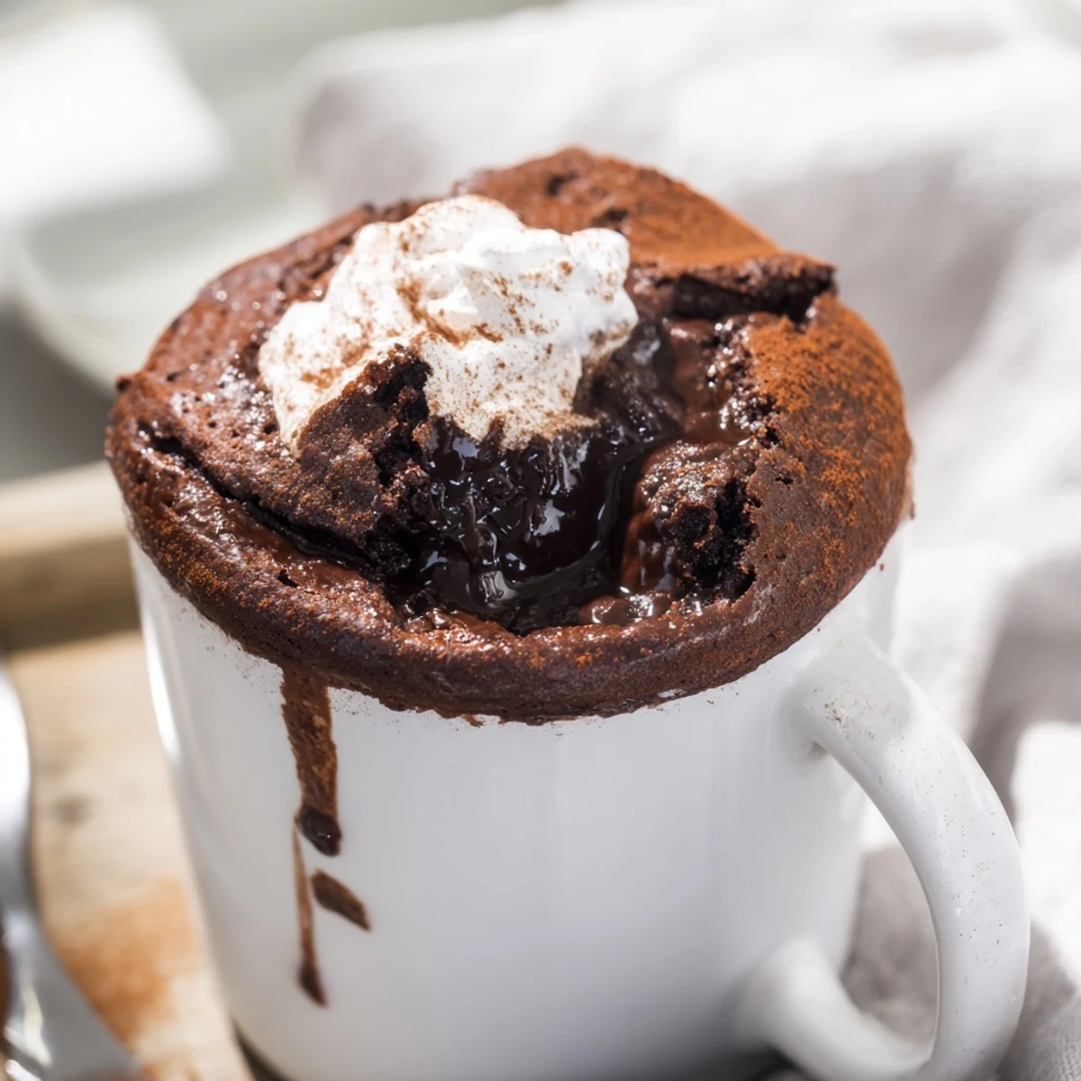 A close-up of a rich, chocolatey microwave mug cake, a quick American dessert.