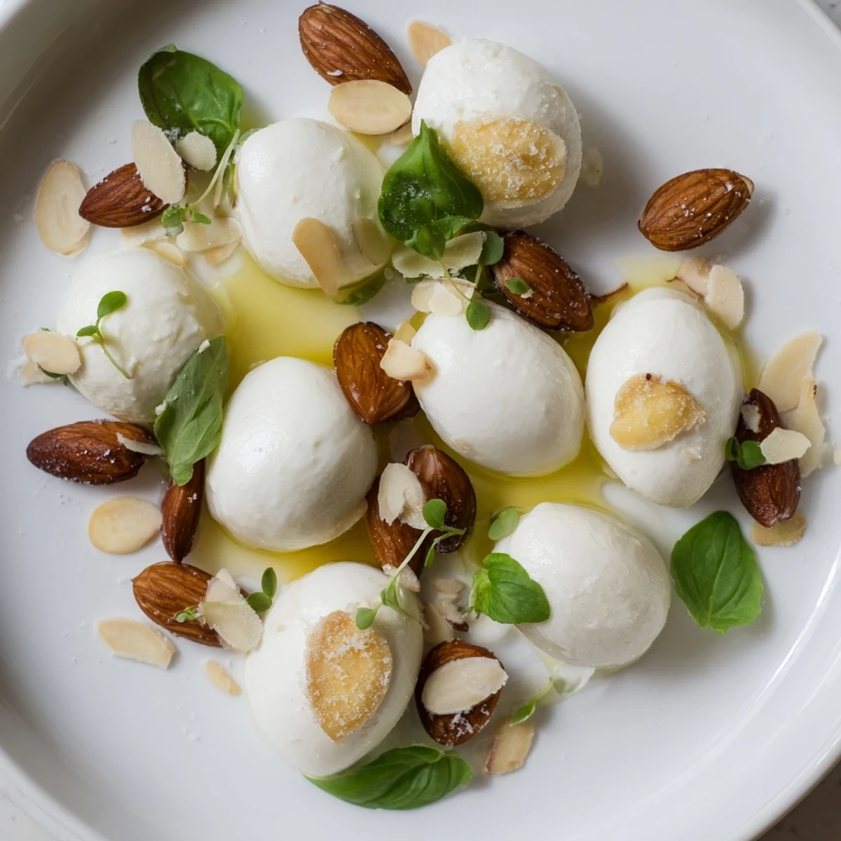 Artistically arranged The Polished Pebble plate, showcasing smooth mini mozzarella with rustic, crunchy roasted almonds.