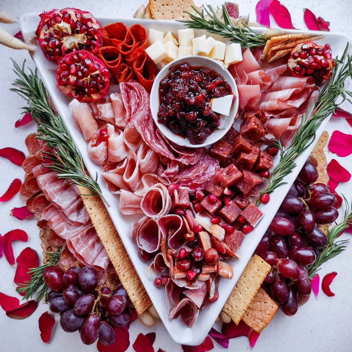 Luxurious Crimson Crest charcuterie board with vibrant red meats and cheeses arranged elegantly.