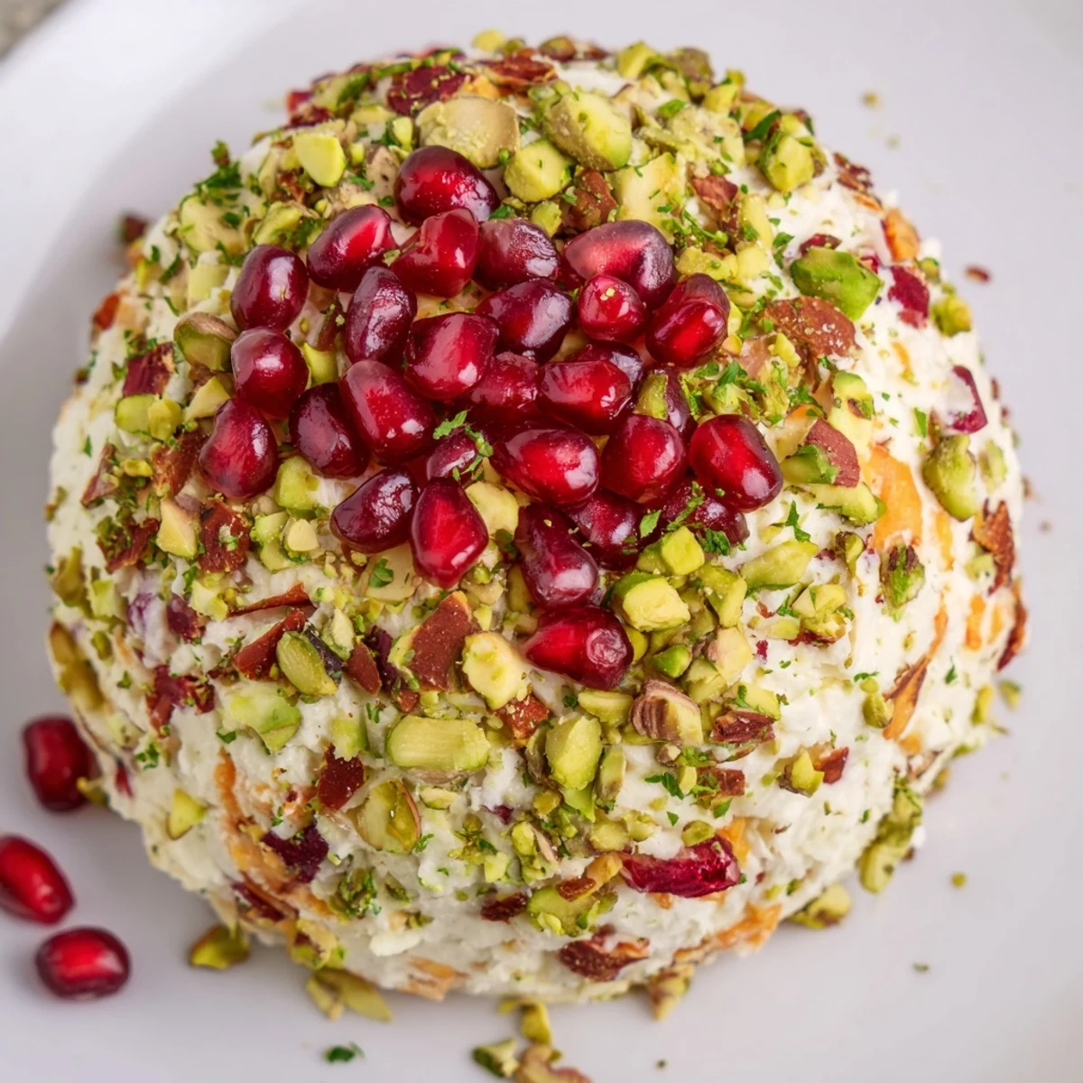 Elegant The Royal Orb cheese ball with jewel-toned pomegranate, ready for an appetizer spread.