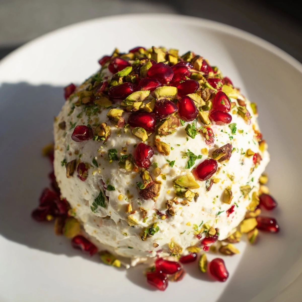 A creamy and flavorful The Royal Orb, coated in pistachios and pomegranate, perfect for holiday entertaining.