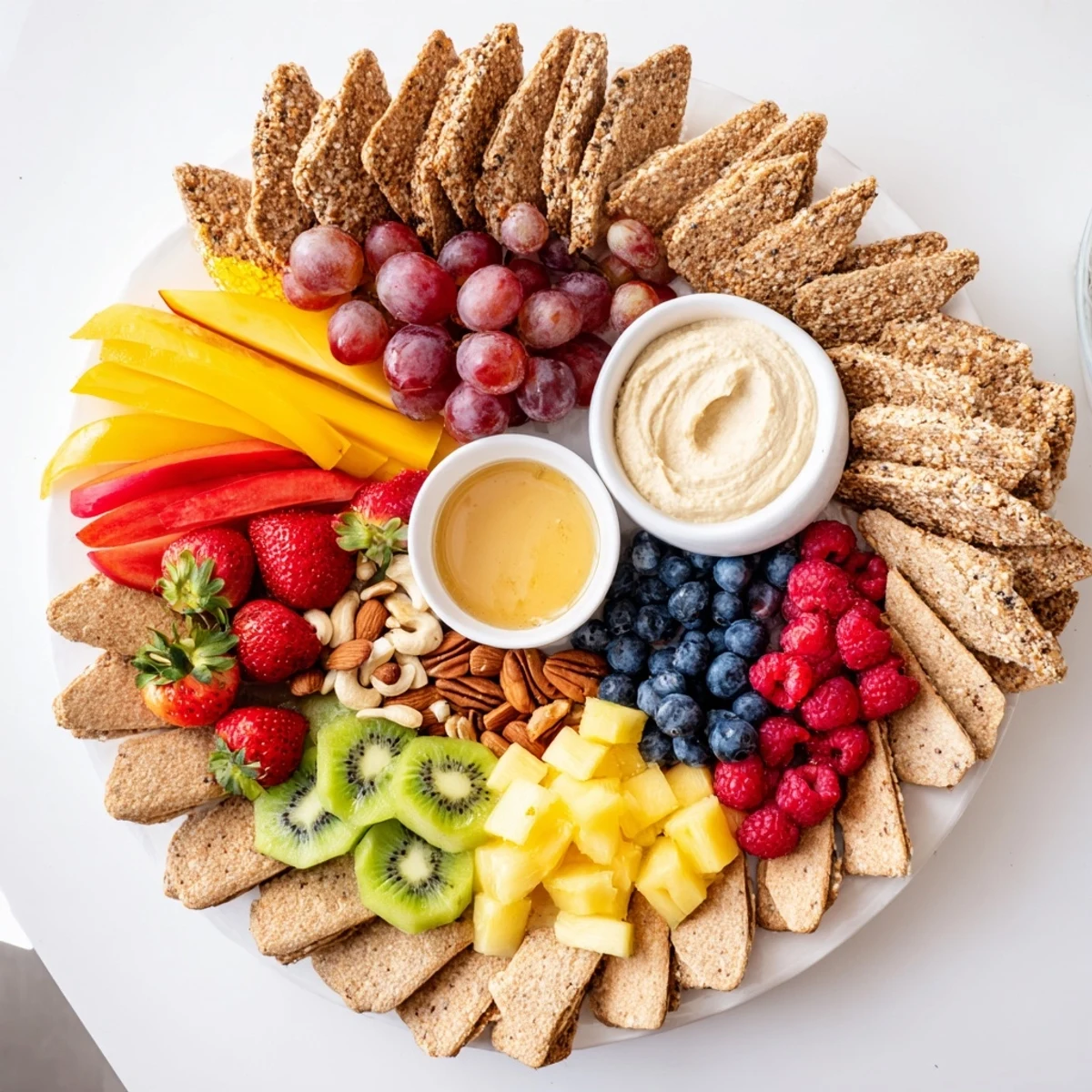 Imagine a vibrant "Hidden Oasis"—a platter filled with fruits and dips surrounded by crunchy crackers and nuts.