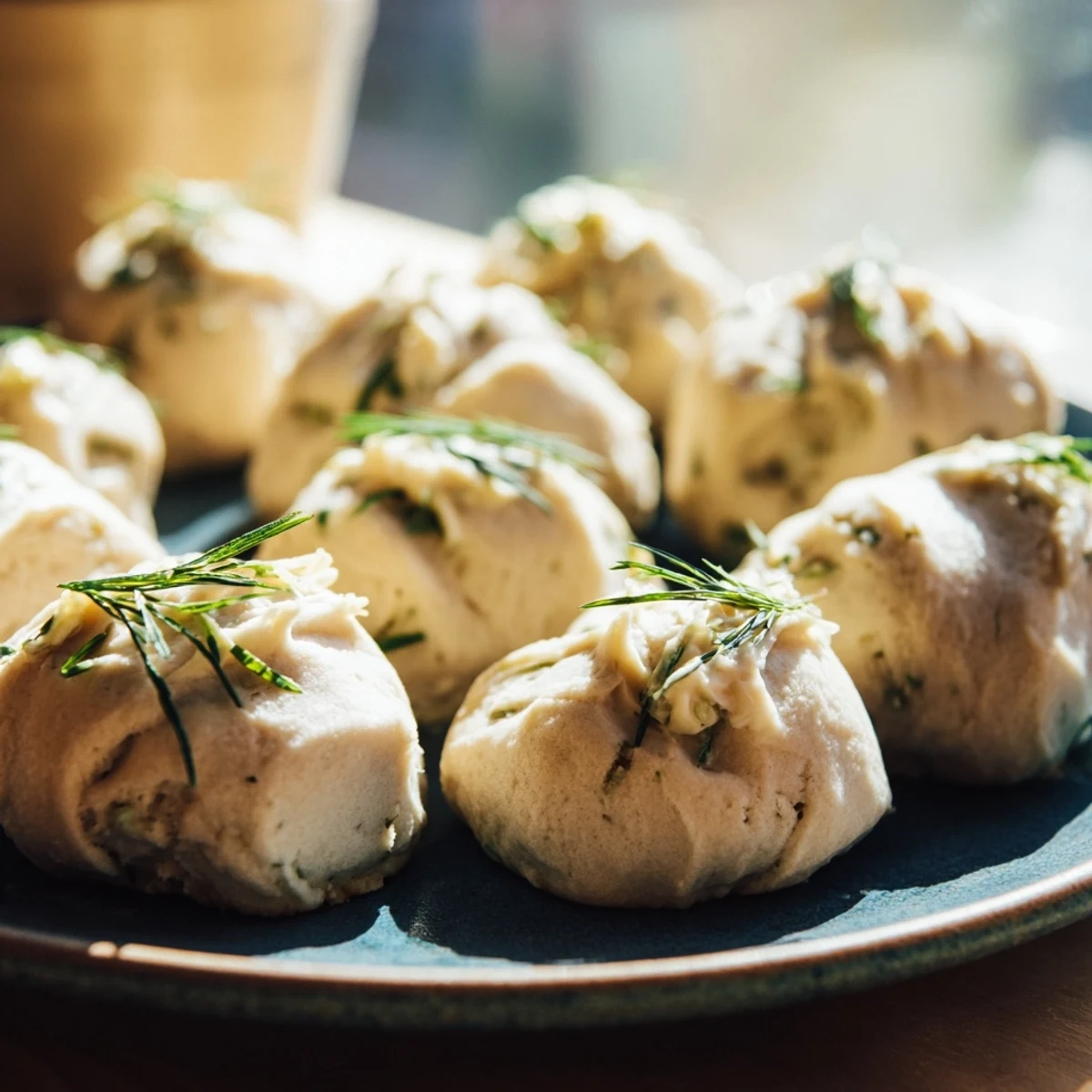 Close-up of The Stormy Sea: a gourmet, flavorful appetizer with creamy goat cheese dolloped on dark crackers.