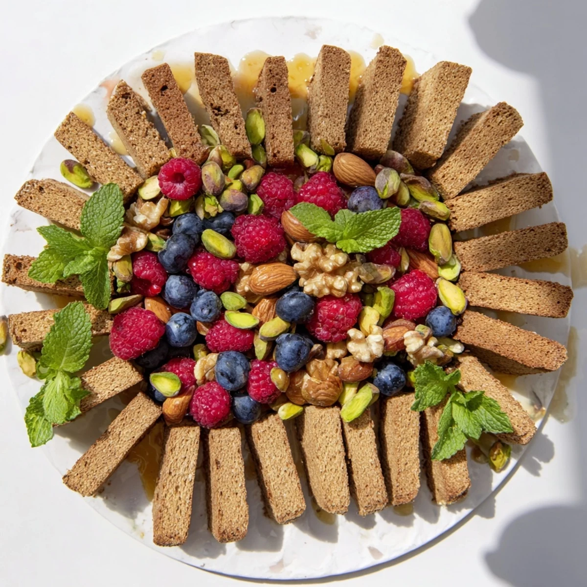 Crisp crackers form a The Picket Fence, framing a colorful mix of berries and nuts perfect for sharing.