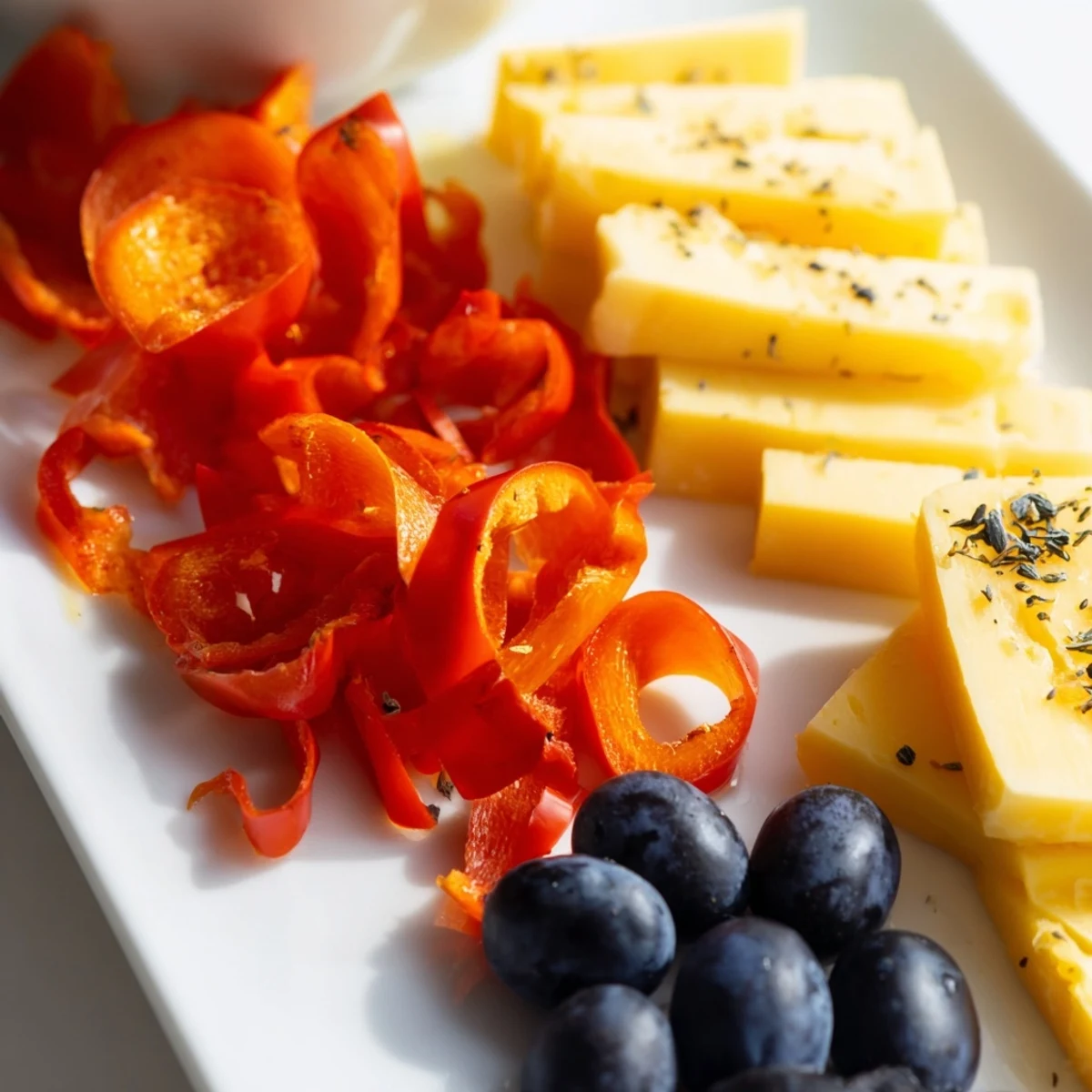 Bauhaus Block appetizer featuring vibrant red peppers, yellow cheese, and plump, juicy dark grapes.