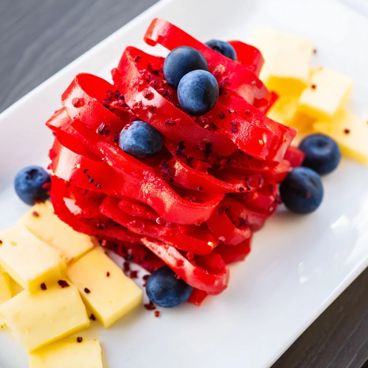 Geometric Bauhaus Block appetizer: colorful bell pepper, cheese blocks, and grapes arranged beautifully on a platter.