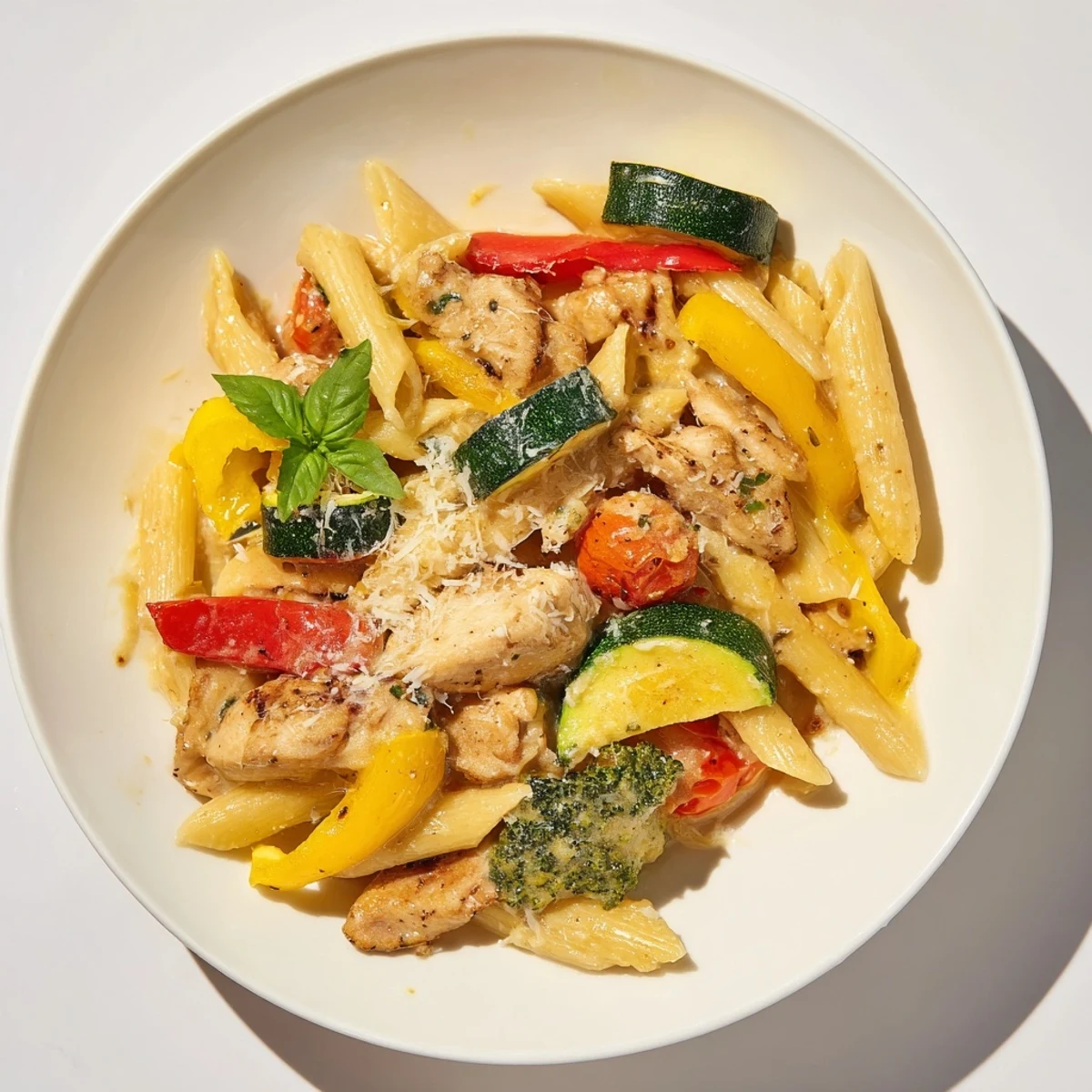 A serving of 5-4-3-2-1 Pasta Primavera: chicken and tender vegetables coated in a creamy parmesan sauce.