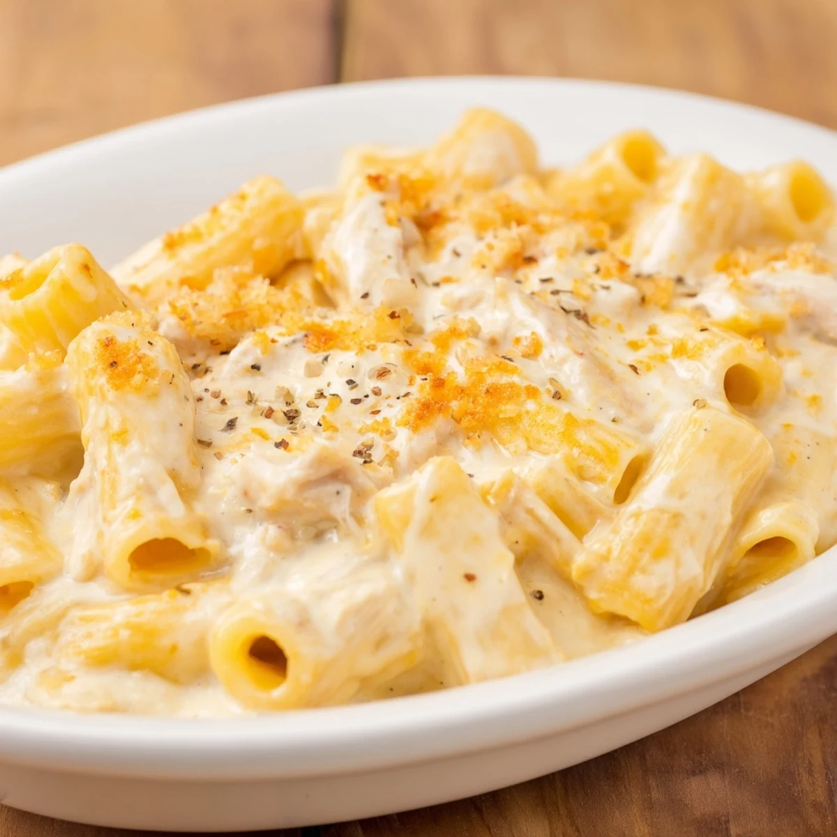 A close-up of creamy Struggle Meal Chicken Macaroni, topped with golden, bubbly breadcrumbs, ready to serve.