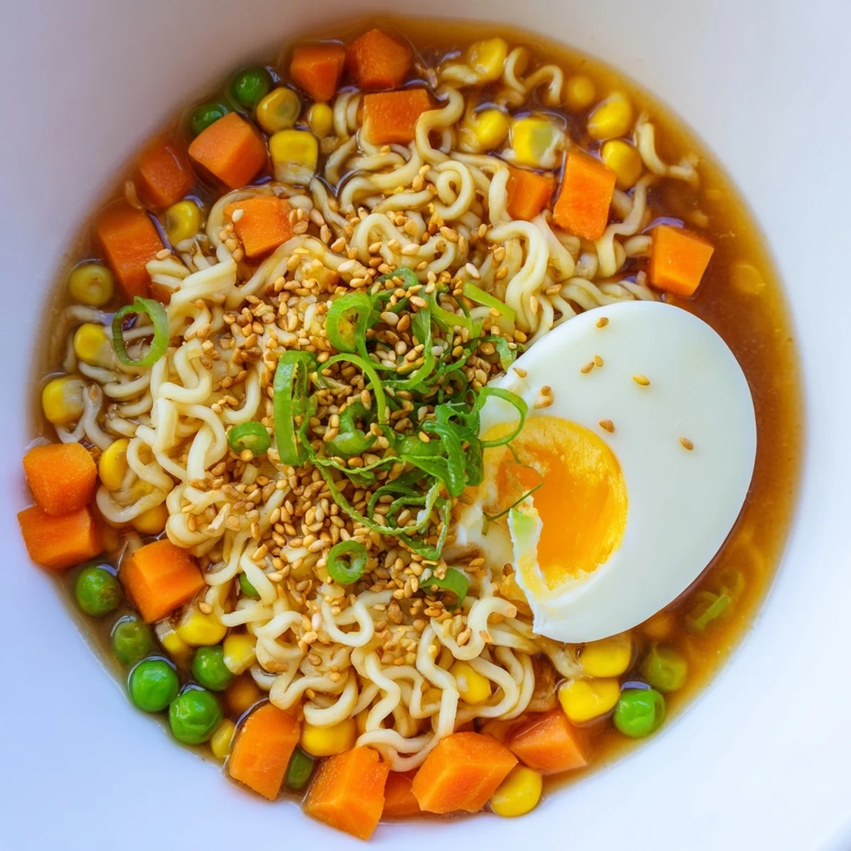 Steaming bowl of Ramen Upgrade with Frozen Peas, garnished with sliced green onions and soft-boiled egg.