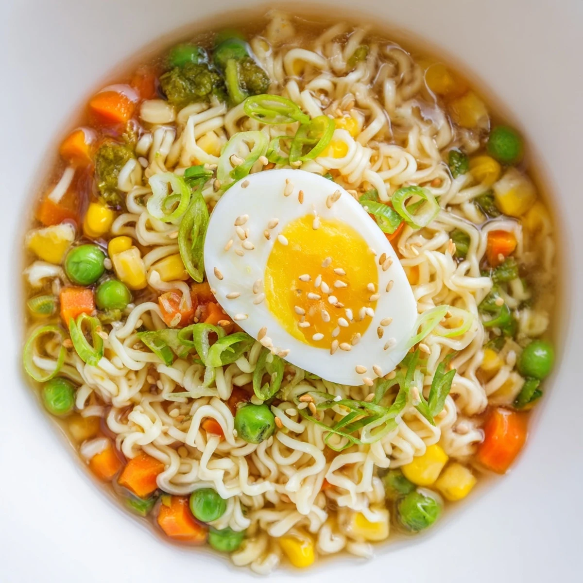 Vibrant image shows a comforting bowl of Ramen Upgrade with Frozen Peas, featuring colorful vegetables.