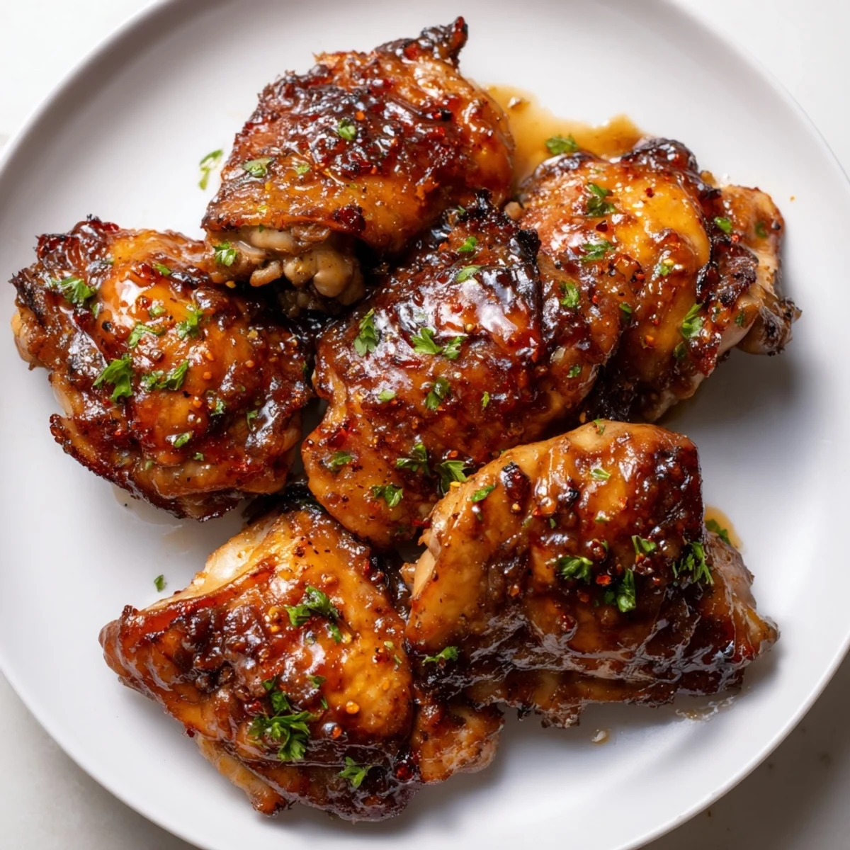Appetizing Jam in Coffee Style Glazed Chicken with caramelized skin, served warm, garnished with fresh parsley.