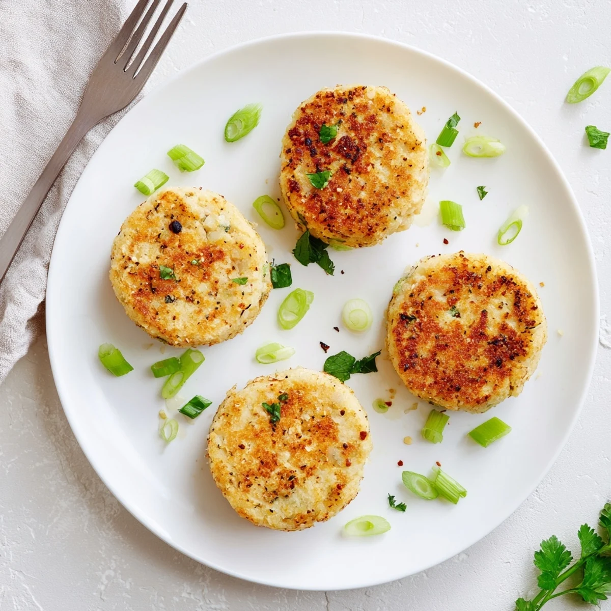 Golden-brown Potato and Chicken Cakes, crispy on the outside, reveal creamy potato and chicken inside.