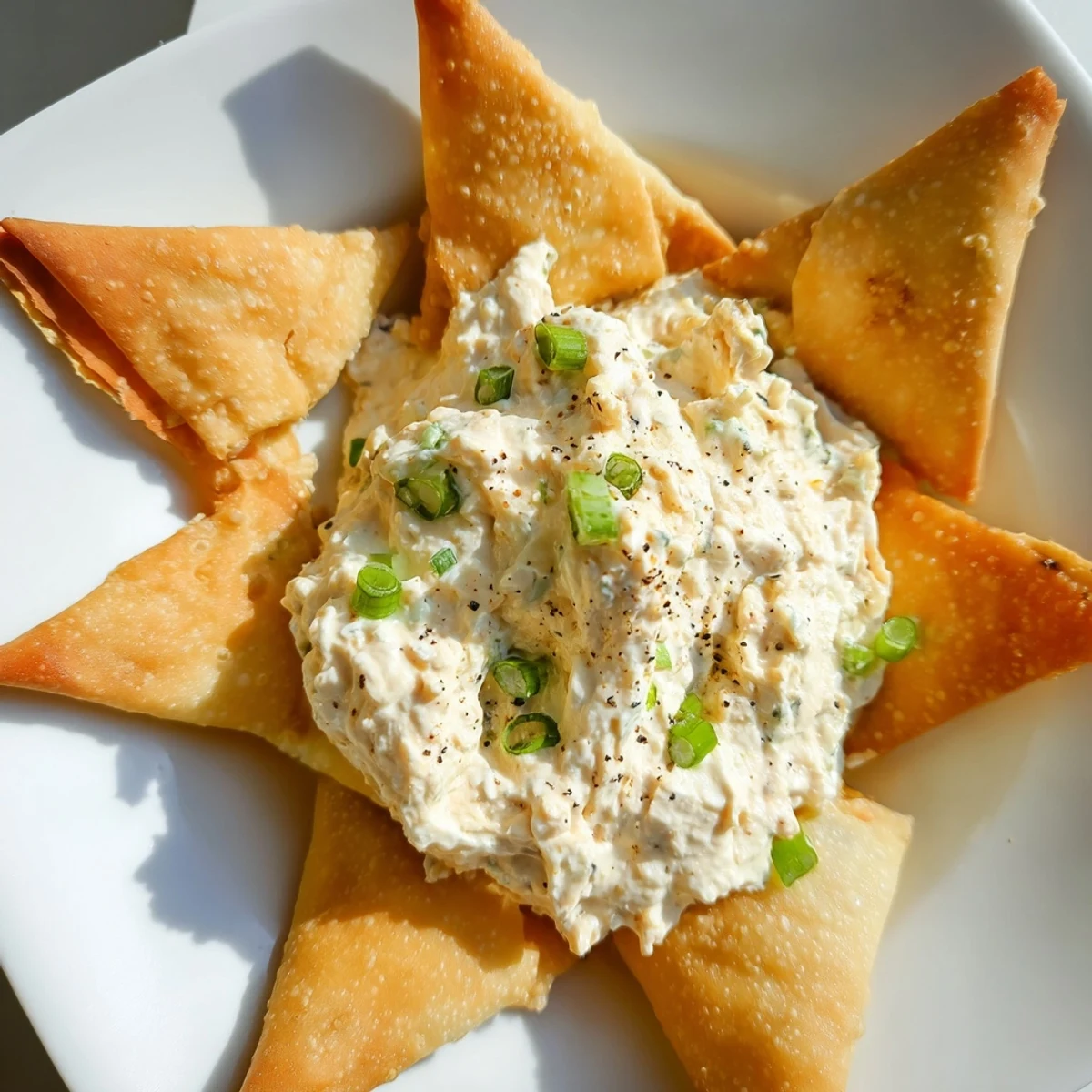 Crispy Air Fryer Lumpia Chips, a savory Filipino appetizer, served with a flavorful chicken cream cheese dip.