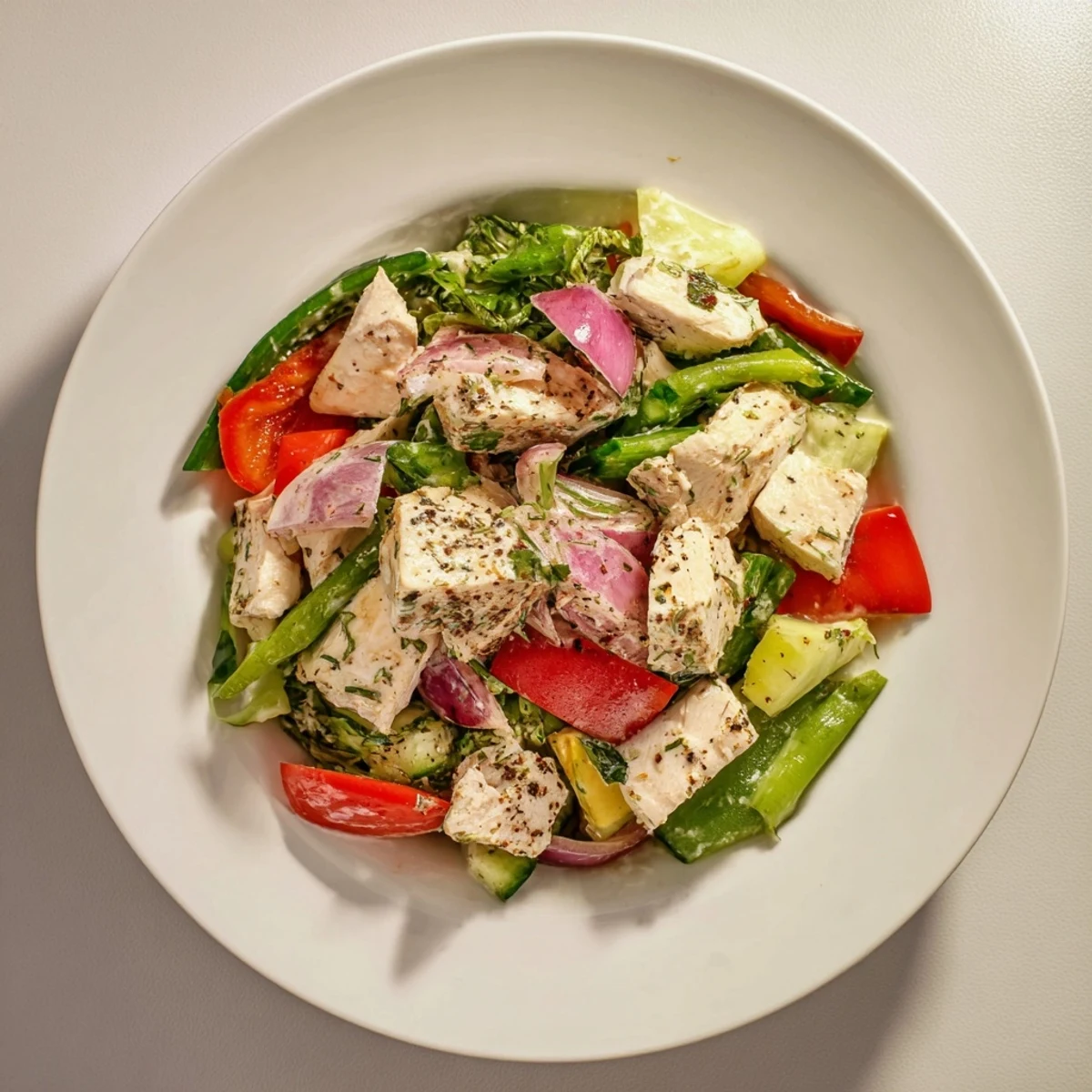 Creamy canned chicken salad with Mrs. Dash, celery, and red pepper, ready to serve.