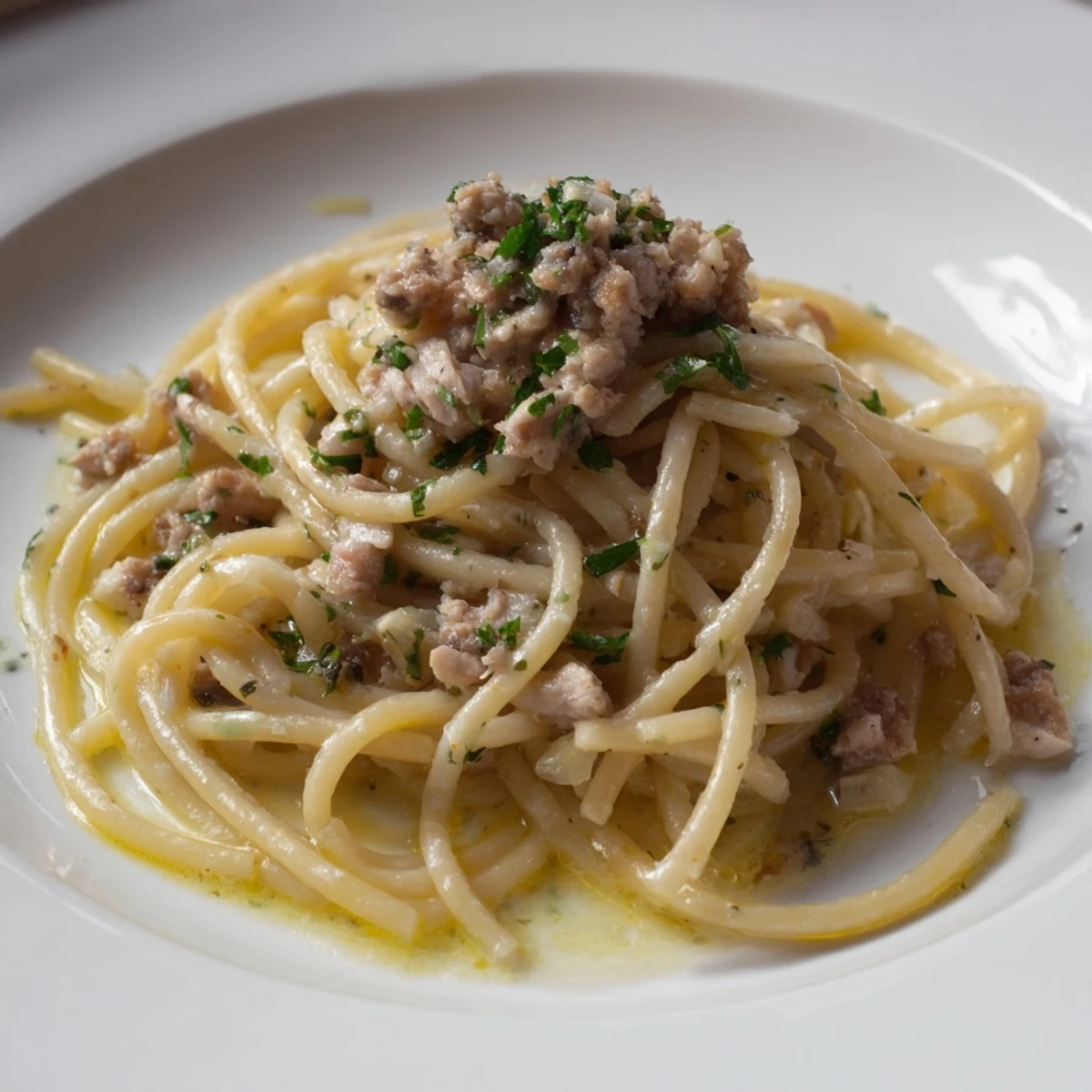 Simple Garlic Butter Bucatini with tender chicken and parsley, a delicious Italian-inspired pasta dish.