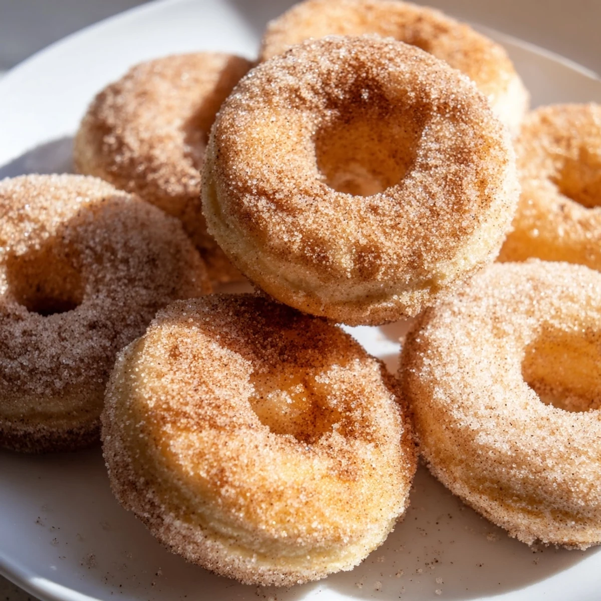 Warm, golden brown cinnamon-sugar baked donuts, perfect for a cozy American breakfast or treat, ready to eat.