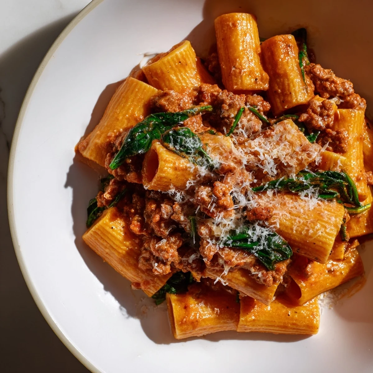 One-Pot Italian Sausage Tomato Pasta glistening, served in a bowl, with parmesan and basil garnish.
