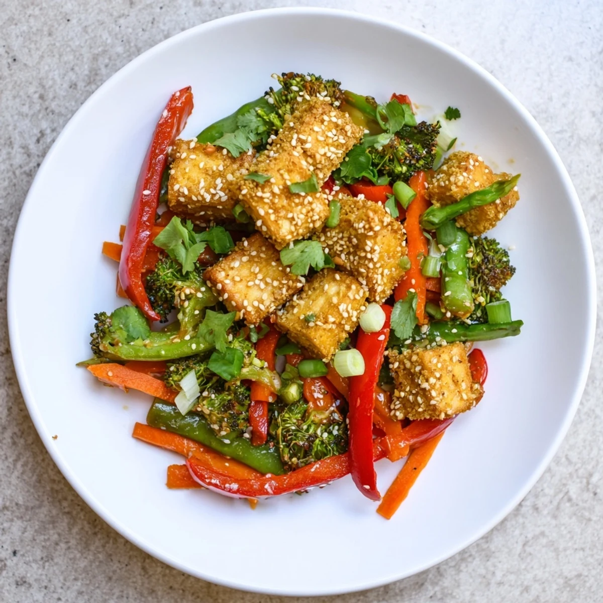 Golden, crispy Sesame Ginger Tofu Stir-Fry served on a bed of noodles; a delicious vegetarian meal.