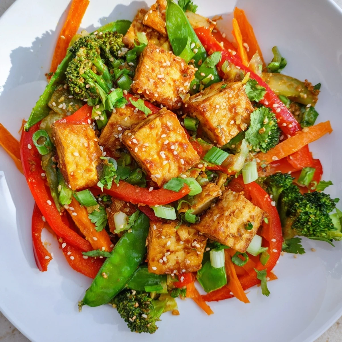 Vibrant stir-fry with perfectly cooked tofu, vegetables, and a rich sesame ginger sauce: Sesame Ginger Tofu Stir-Fry.