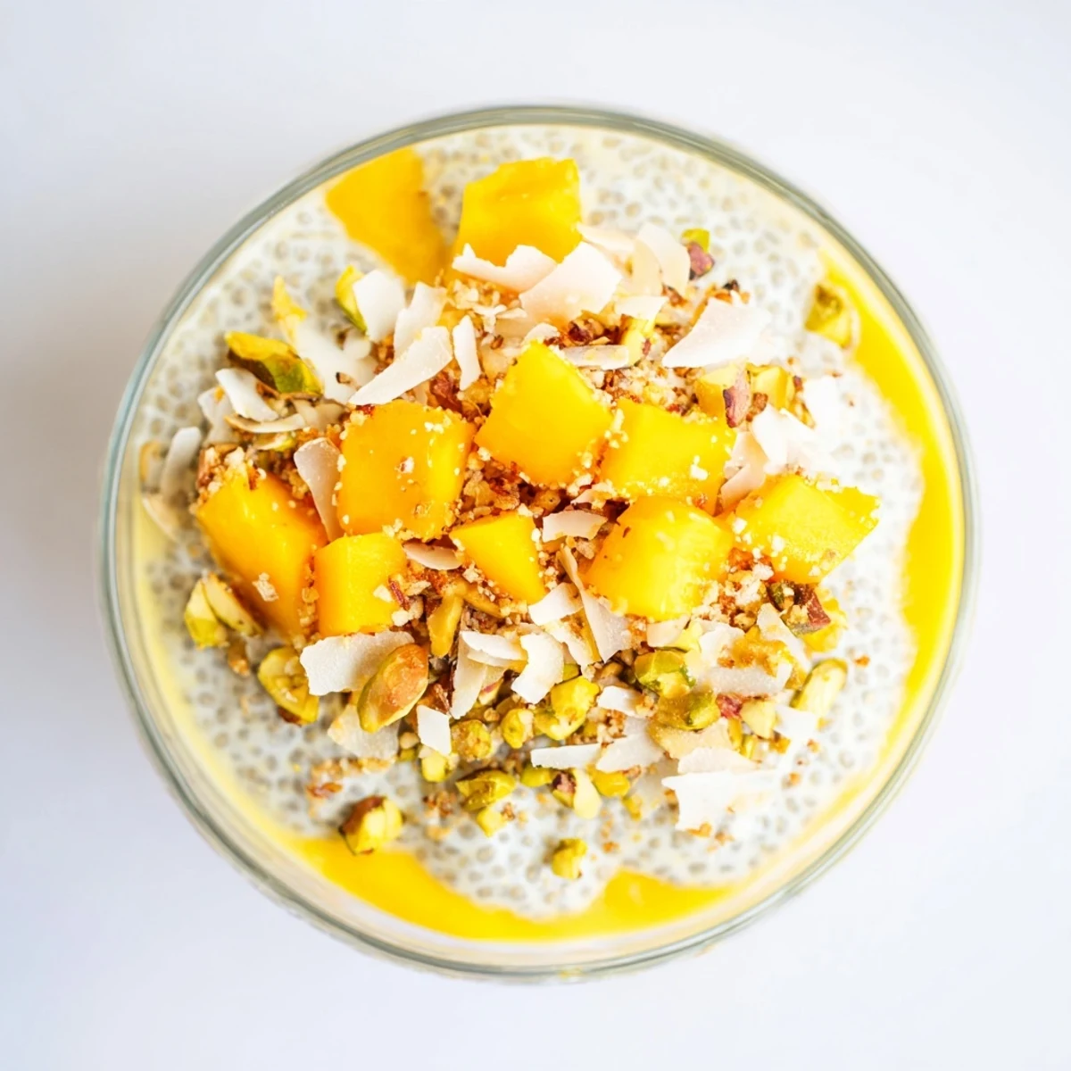 Creamy Mango Coconut Chia Pudding layered with fresh mango, ready to spoon and savor.