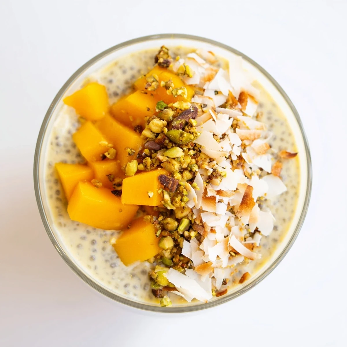 Delicious, vegan Mango Coconut Chia Pudding served in a glass, perfect for a refreshing breakfast.