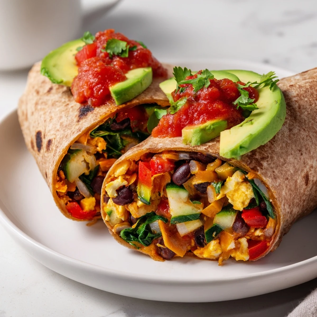 A colorful image of a Veggie-Loaded Breakfast Burrito, filled with eggs, veggies, and cheese.
