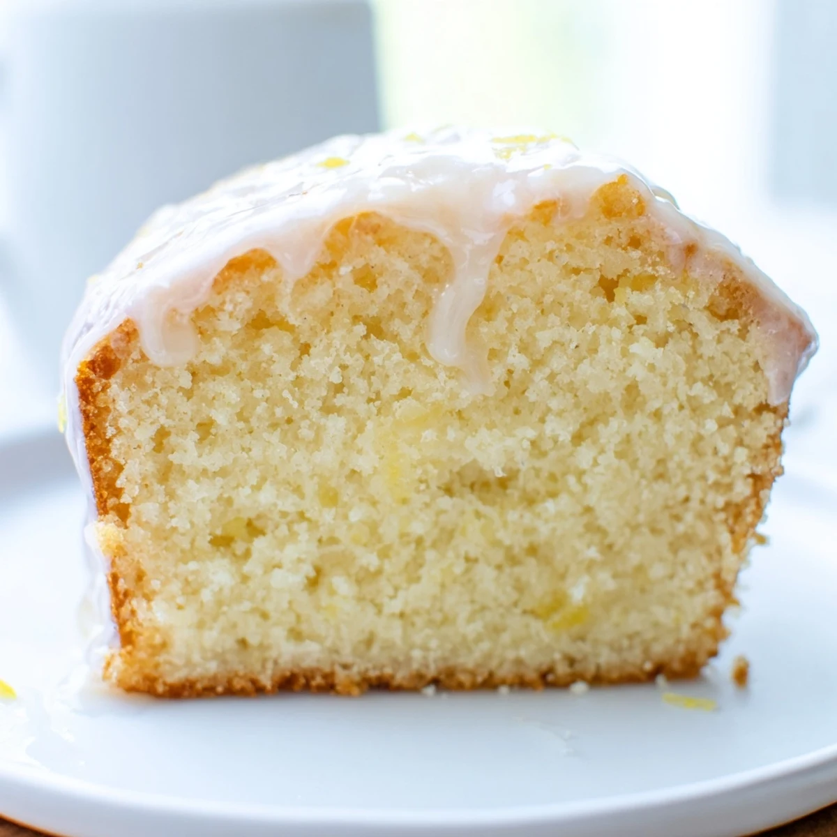 A close-up shot of freshly baked Lemon Yogurt Cake, showcasing a moist crumb and bright citrus notes.