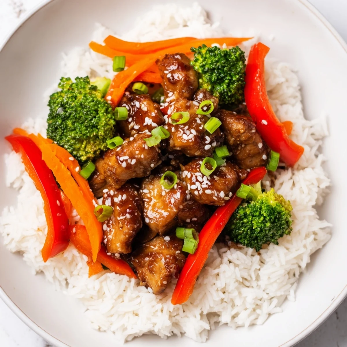 Golden teriyaki chicken over fluffy rice with vibrant vegetables—a complete, delicious Teriyaki Chicken Rice meal.