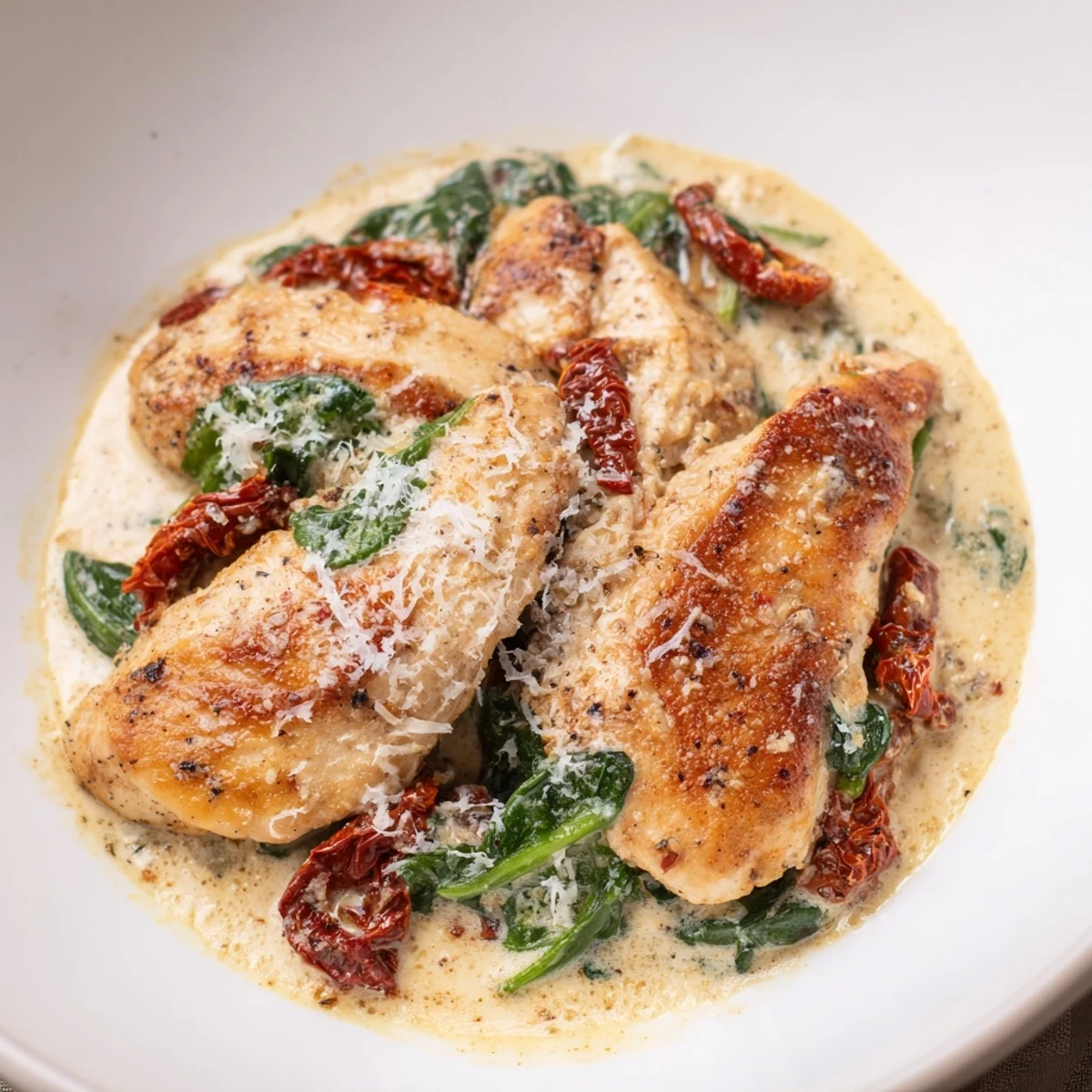 Golden-brown seared Creamy Tuscan Chicken breasts swimming in a rich, creamy, tomato-flecked sauce.